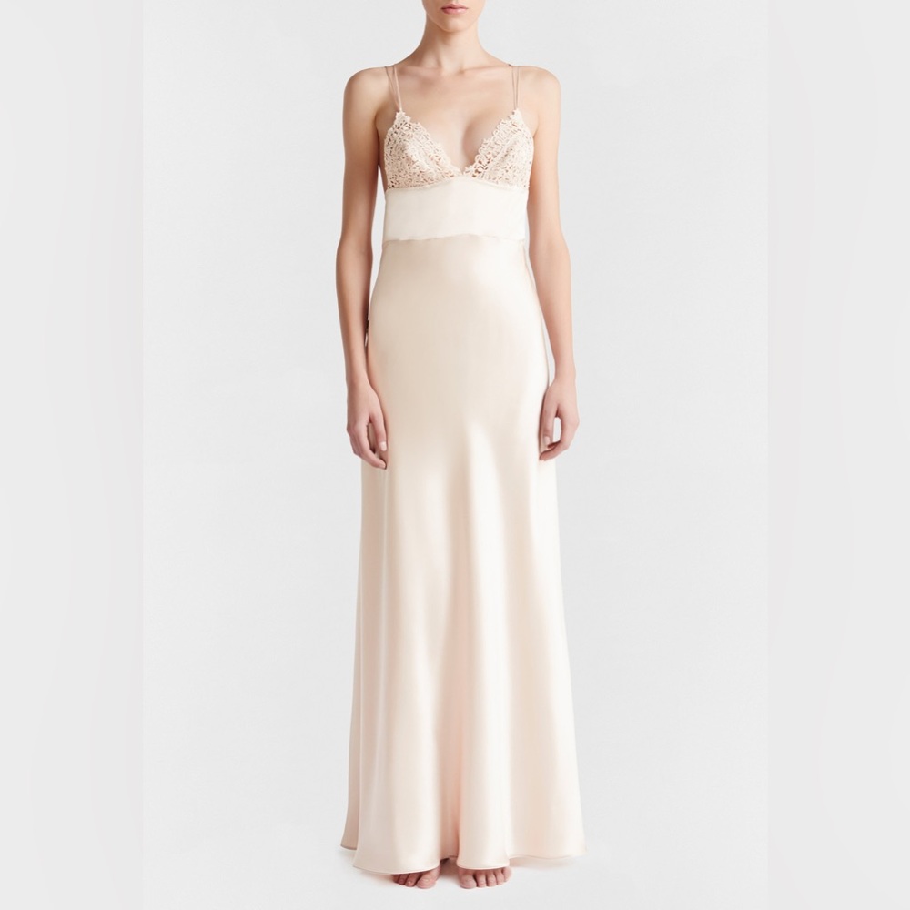 NWT La Perla Macrame Rose Beige Long Night Dress, Size Large - Picture 3 of 15